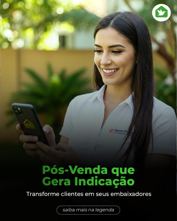 corretora de imóveis enviando uma mensagem de felicitação no celular a um cliente, com um ícone de presente ou balão de fala ao lado, simbolizando o relacionamento após a venda.