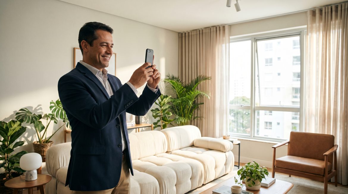 Corretor fotografando a sala de um apartamento para o anúncio de imóvel