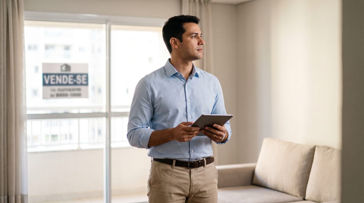 Corretor de imoveis analisando um imovel encalhado em apartamento a venda