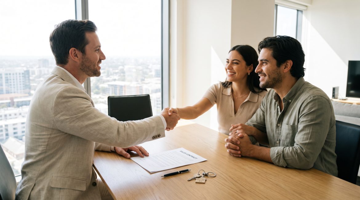 Corretor de imóveis negociando a comissão com clientes durante assinatura de contrato