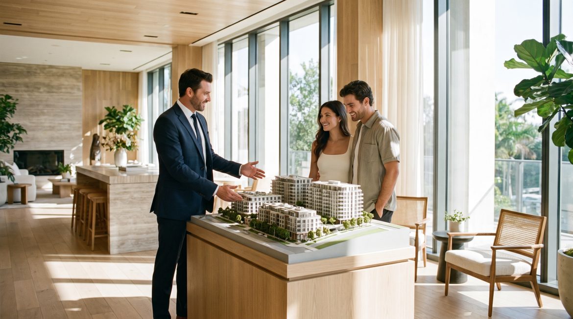 Corretor apresentando maquete de imóvel na planta para um casal