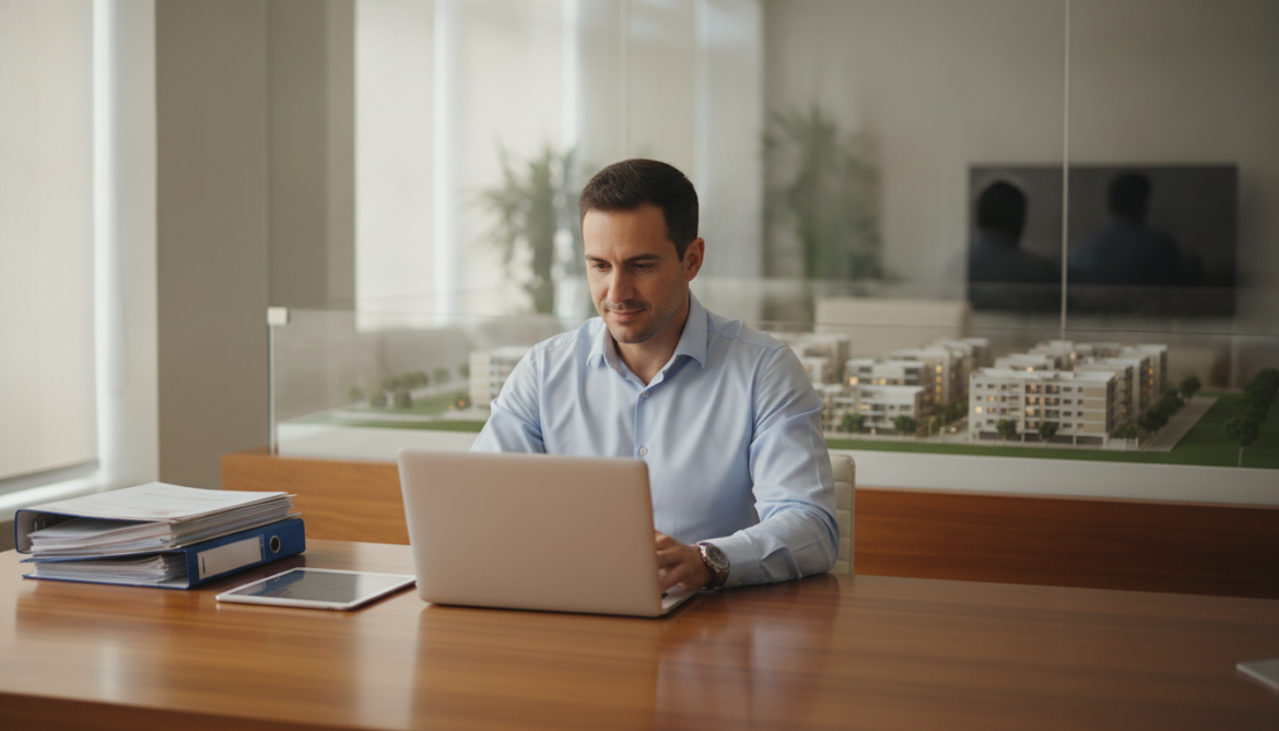 Corretor de imóveis usando CRM para organizar o funil de vendas no notebook