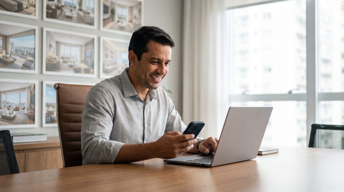 Corretor de imóveis fazendo follow-up de leads imobiliários pelo celular