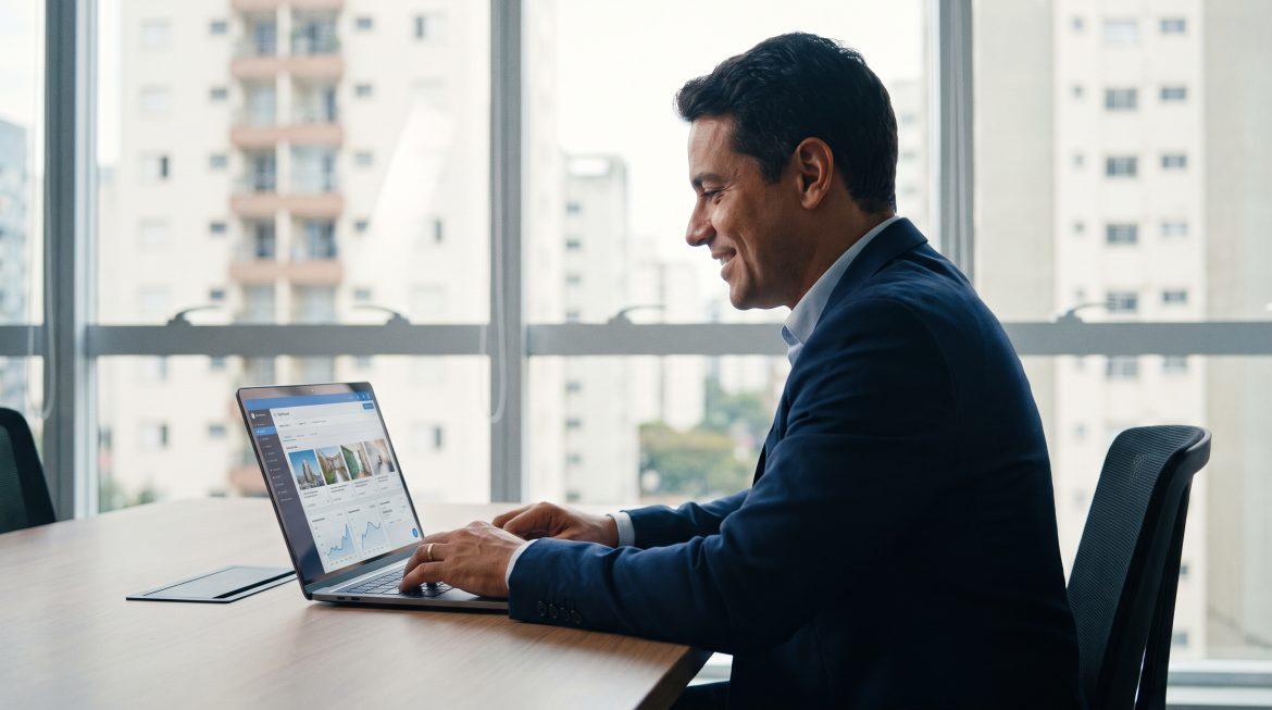 Corretor de imóveis analisando campanha de Google Ads no notebook