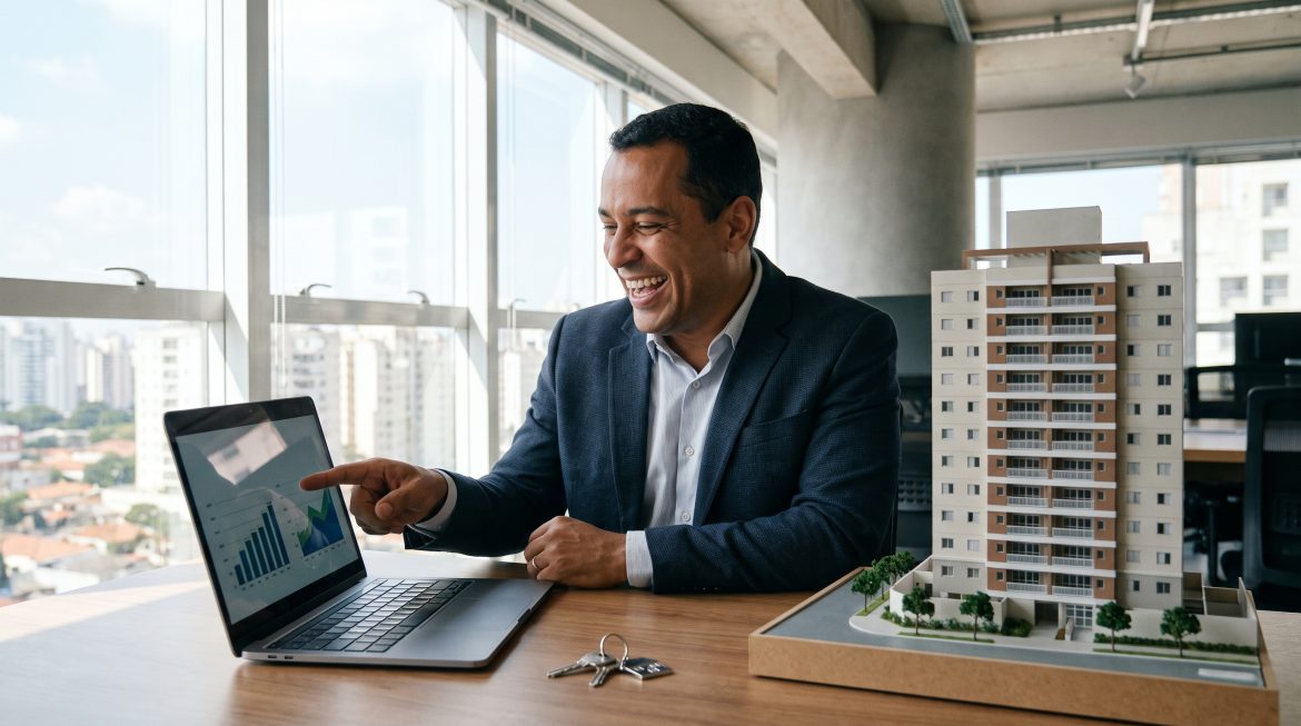 Corretor de imóveis usando inteligência artificial no notebook em seu escritório