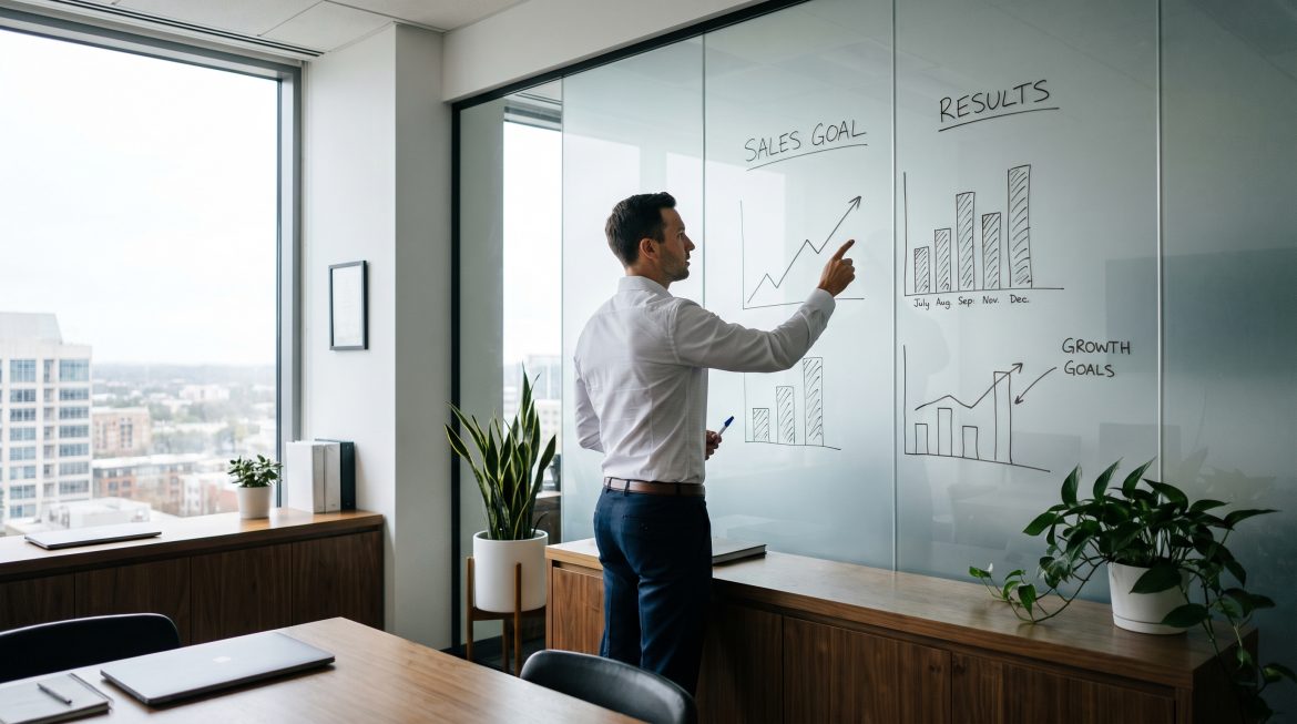 Corretor de imóveis analisando a meta de vendas em um painel de resultados