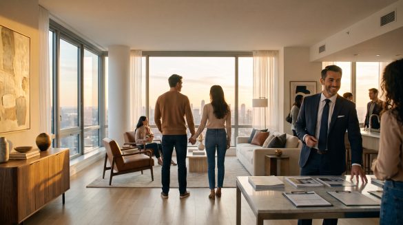 Open house imobiliário com visitantes na sala de um apartamento e corretor recebendo os clientes