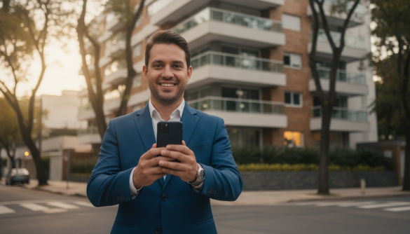 Corretor de imóveis usando o Perfil da Empresa no Google no celular em frente a um imóvel