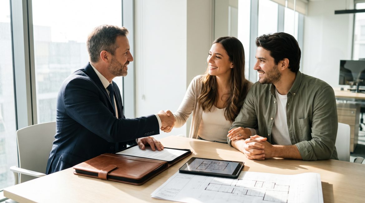 Corretor explicando a pré-aprovação de financiamento imobiliário para um casal