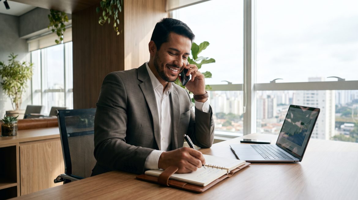 Corretor de imóveis fazendo a qualificação de leads imobiliários por telefone