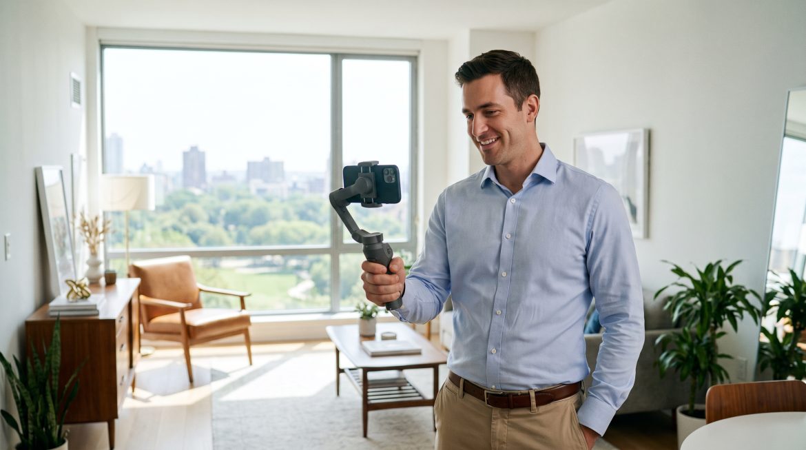 Corretor de imóveis gravando vídeo de tour de um apartamento com o celular