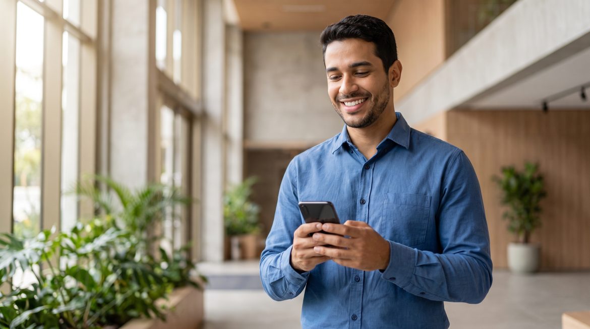 Corretor de imóveis usando WhatsApp Business para atender clientes no celular