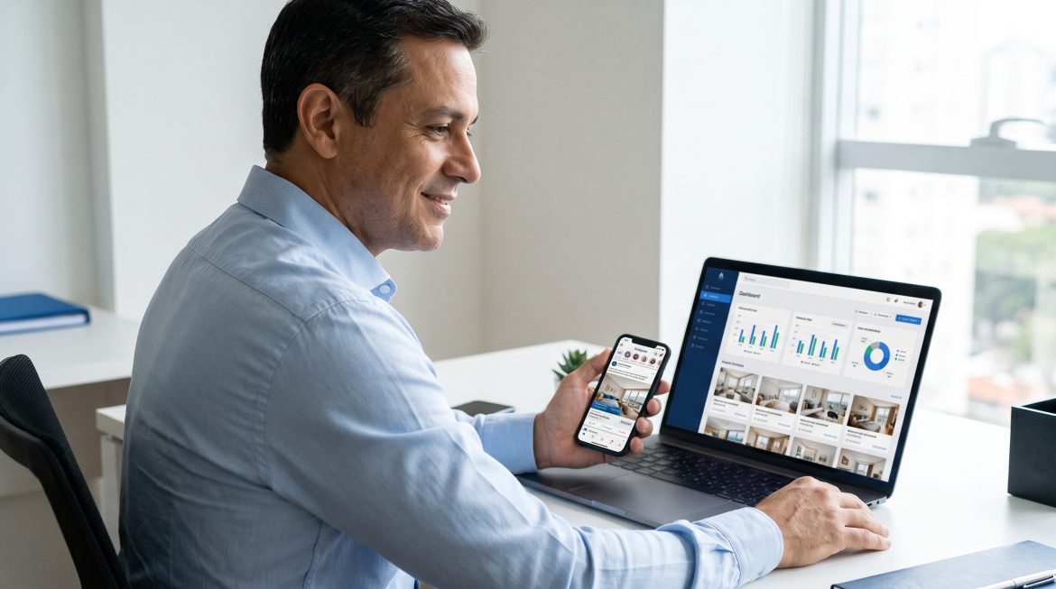 Corretor de imóveis analisando campanha de Meta Ads para corretor de imóveis no notebook e no celular