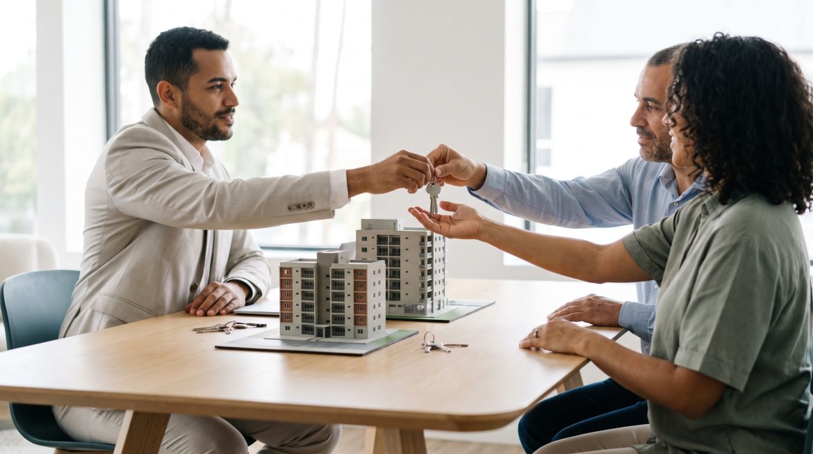 Corretor negociando uma permuta de imoveis com clientes, com maquetes de dois predios sobre a mesa