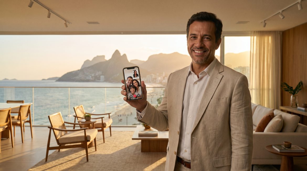 Corretor de imóveis fazendo visita ao vivo por vídeo para vender imóvel à distância