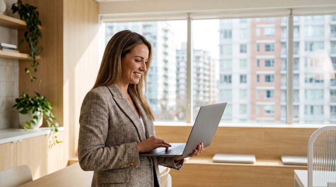Corretora de imóveis usando e-mail marketing no notebook