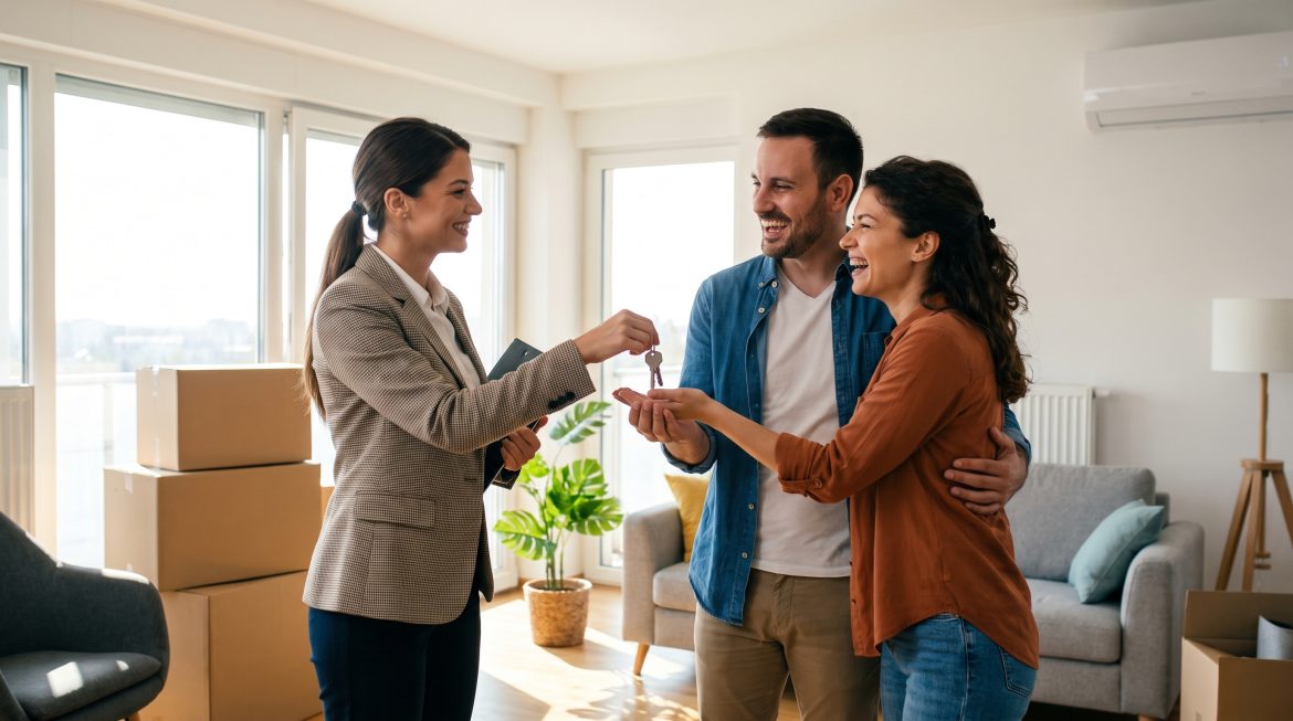 Corretor entregando as chaves ao cliente no pós-venda imobiliário